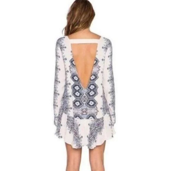 NWOT Free People Boho White & Blue Printed Tunic Mini Dress - Picture 6 of 15